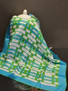 Sally Gee 70s Rayon/Silk 23" Square Scarf Blue/Green